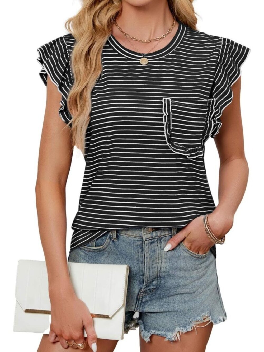 Women's T-Shirts Black Ruffle Short Sleeve Crew Neck Casual Blouses with Pocket - Picture 4 of 6
